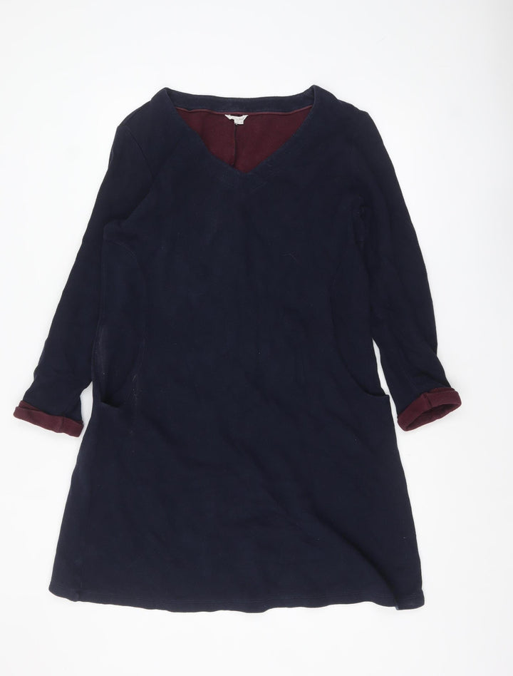 White Stuff Women Blue Cotton Shift Dress Size 12 V-Neck Workwear