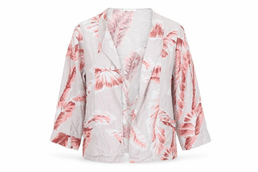Front view of Thought Women’s Pink Floral Linen Blazer Jacket, size S, Lightweight