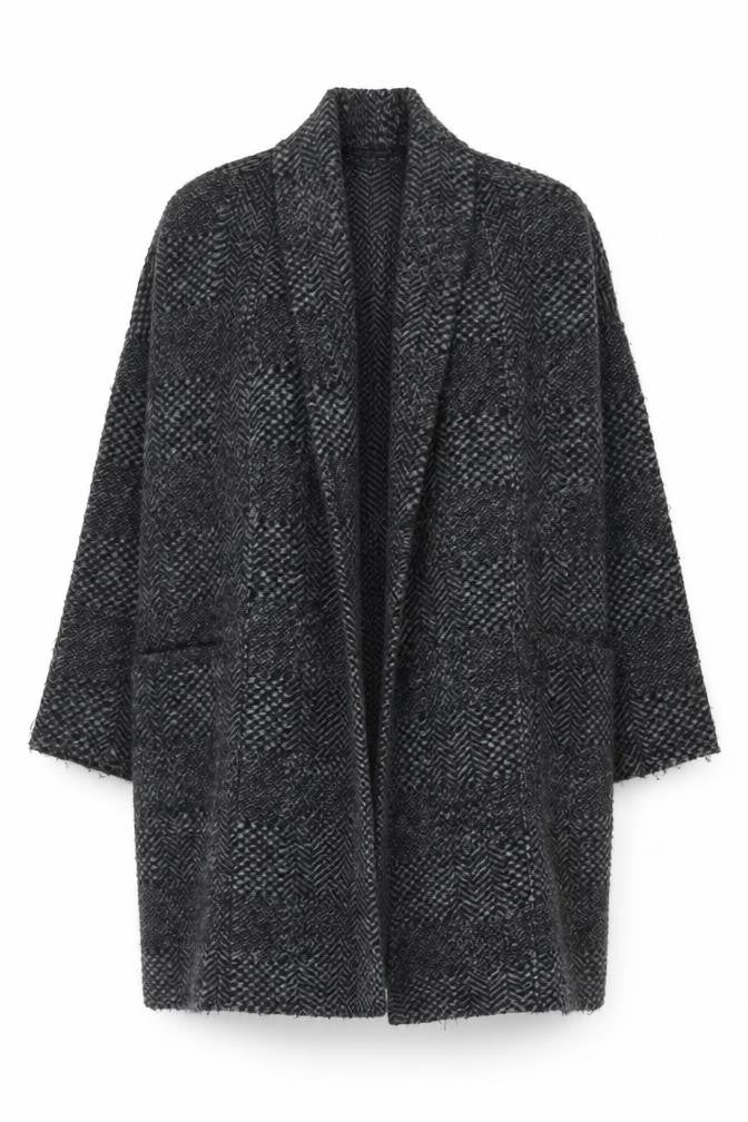 Ese O Ese Women Grey Wool Blend Open Cardigan Size M Long Sleeve Herringbone