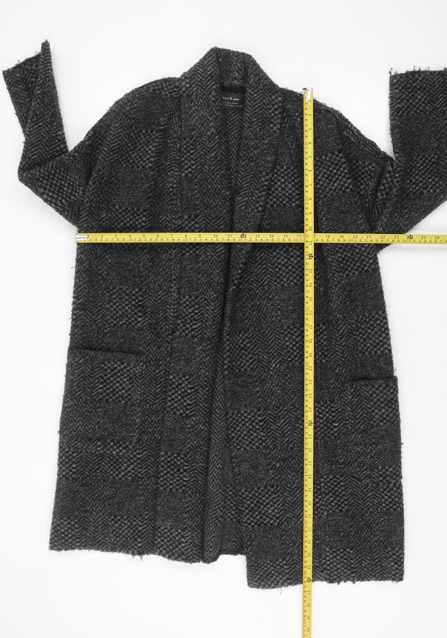 Ese O Ese Women Grey Wool Blend Open Cardigan Size M Long Sleeve Herringbone