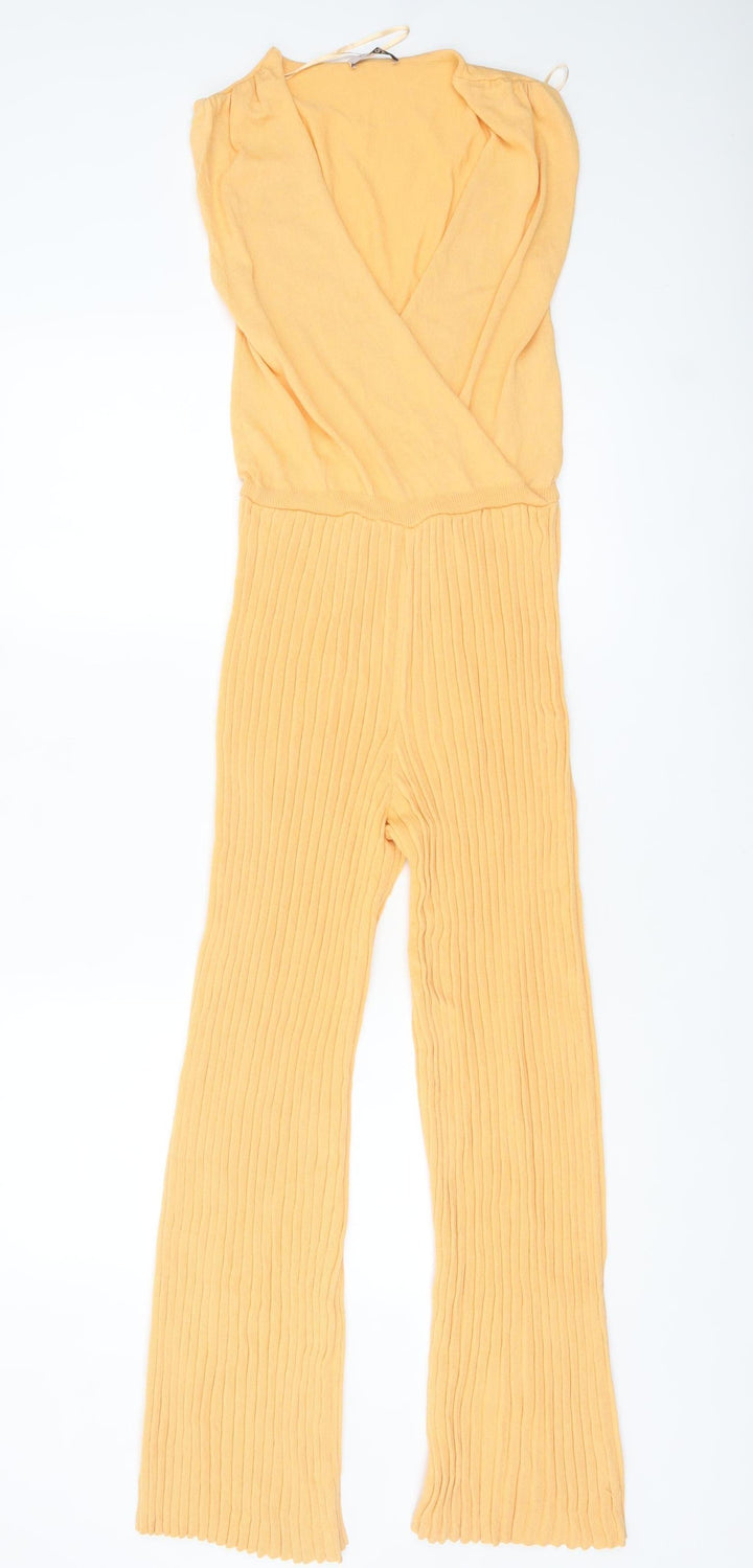Orsay Women’s Yellow Knit Flared Jumpsuit Size S Regular V-Neck