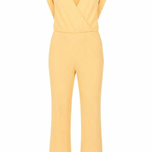 Orsay Women’s Yellow Knit Flared Jumpsuit Size S Regular V-Neck