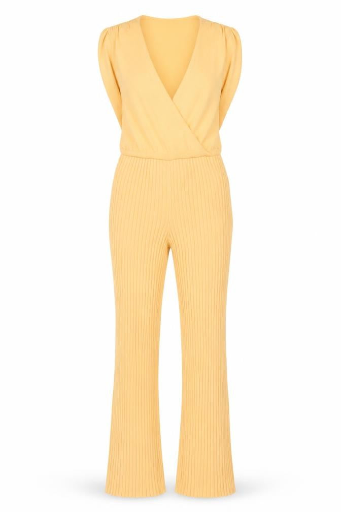 Orsay Women’s Yellow Knit Flared Jumpsuit Size S Regular V-Neck