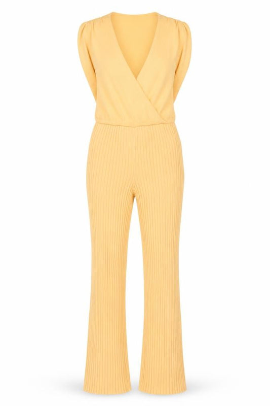 Orsay Women’s Yellow Knit Flared Jumpsuit Size S Regular V-Neck