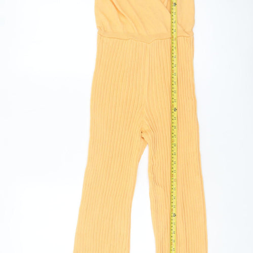 Orsay Women’s Yellow Knit Flared Jumpsuit Size S Regular V-Neck