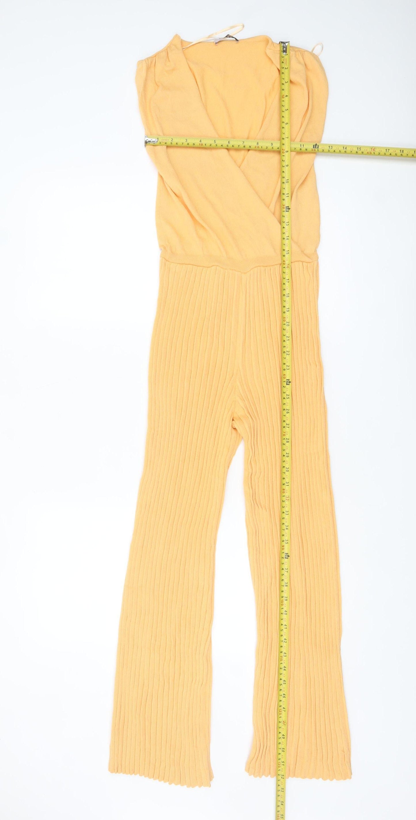 Orsay Women’s Yellow Knit Flared Jumpsuit Size S Regular V-Neck