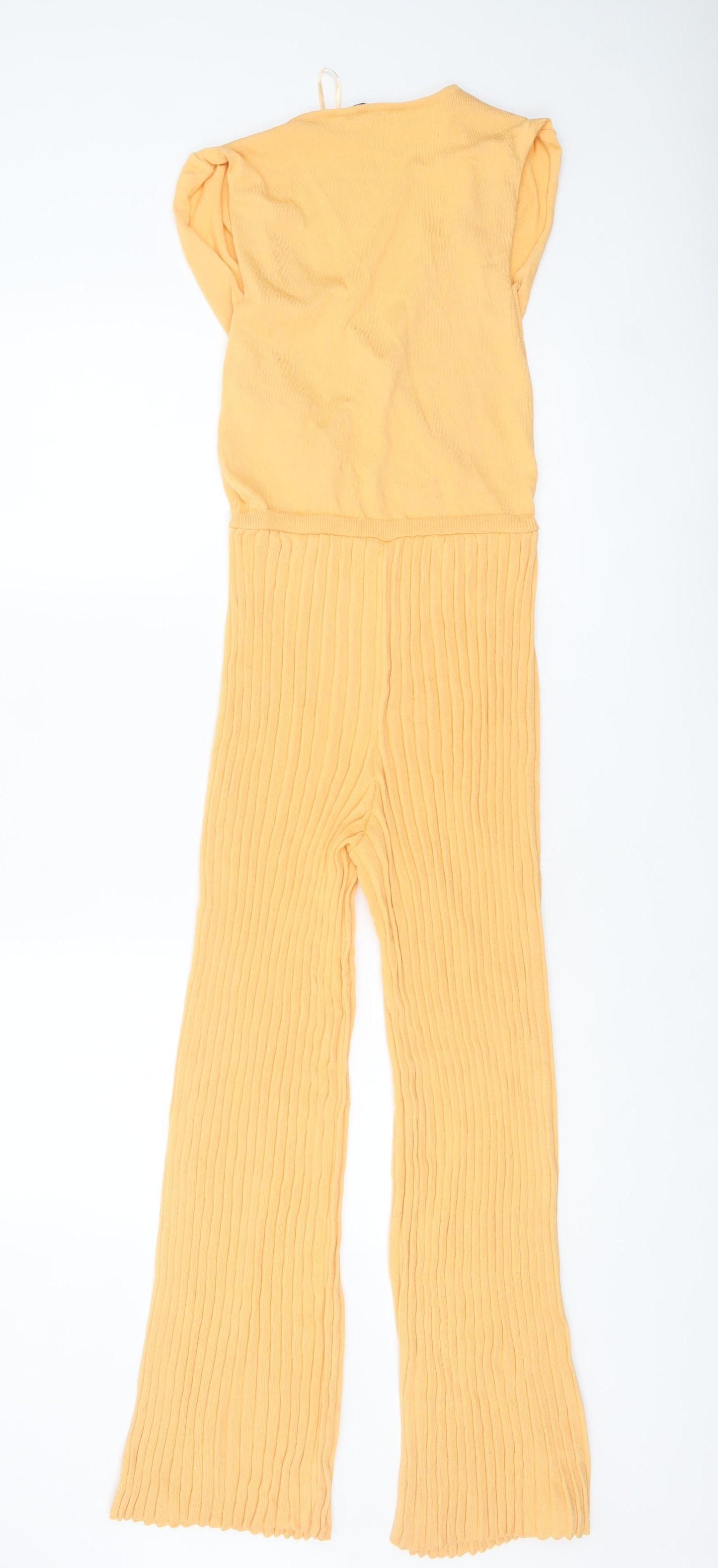 Orsay Women’s Yellow Knit Flared Jumpsuit Size S Regular V-Neck
