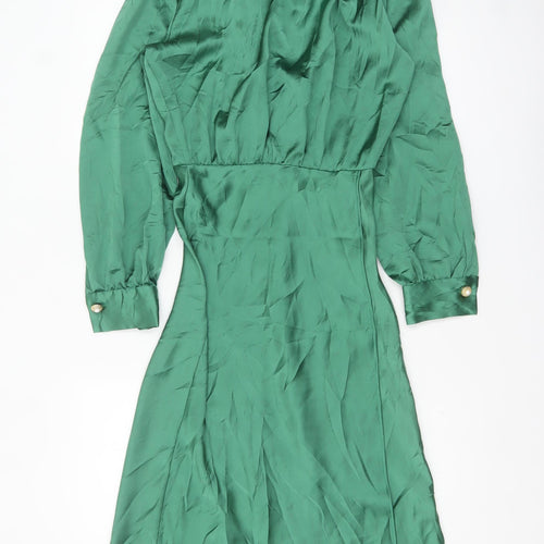 Zara Women’s Green Satin Fit & Flare Midi Dress Size 8 Long Sleeve High Neck