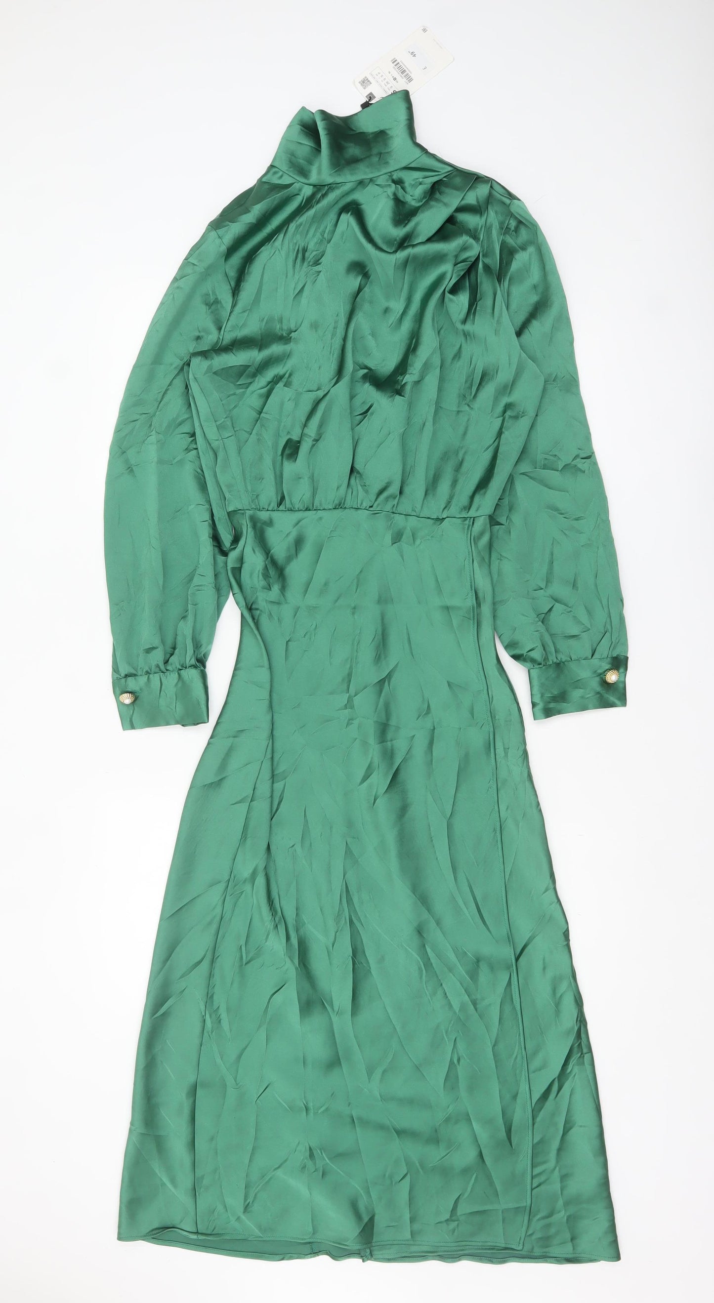 Zara Women’s Green Satin Fit & Flare Midi Dress Size 8 Long Sleeve High Neck