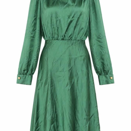 Zara Women’s Green Satin Fit & Flare Midi Dress Size 8 Long Sleeve High Neck