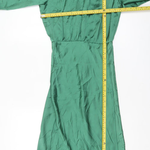 Zara Women’s Green Satin Fit & Flare Midi Dress Size 8 Long Sleeve High Neck