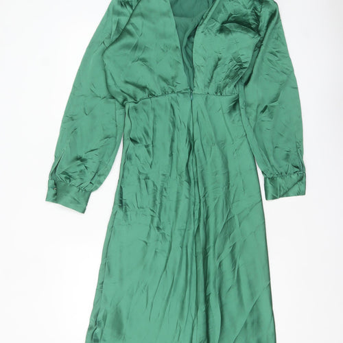 Zara Women’s Green Satin Fit & Flare Midi Dress Size 8 Long Sleeve High Neck