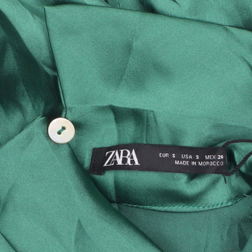 Zara Women’s Green Satin Fit & Flare Midi Dress Size 8 Long Sleeve High Neck