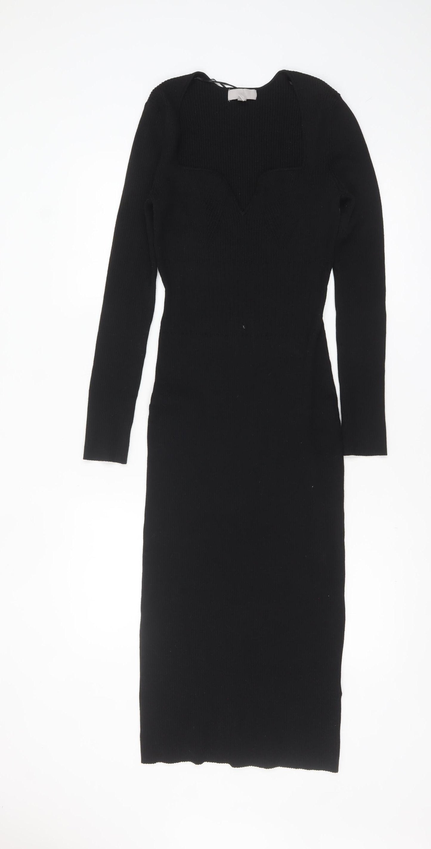 H&M Women’s Black Bodycon Midi Knit Dress Size M Long Sleeve