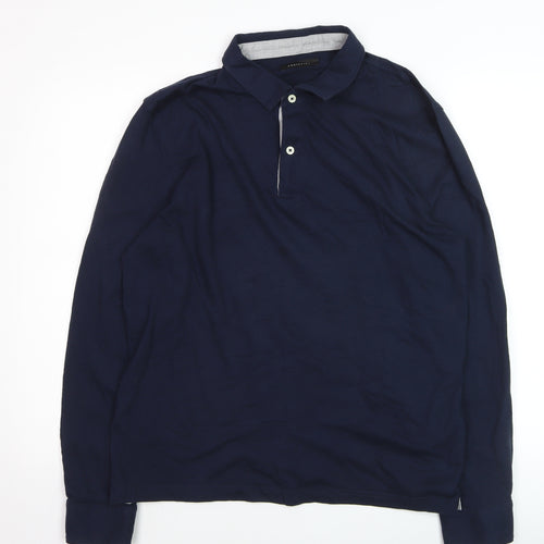 Cortefiel Men's Blue Long Sleeve Cotton Polo Shirt Size L