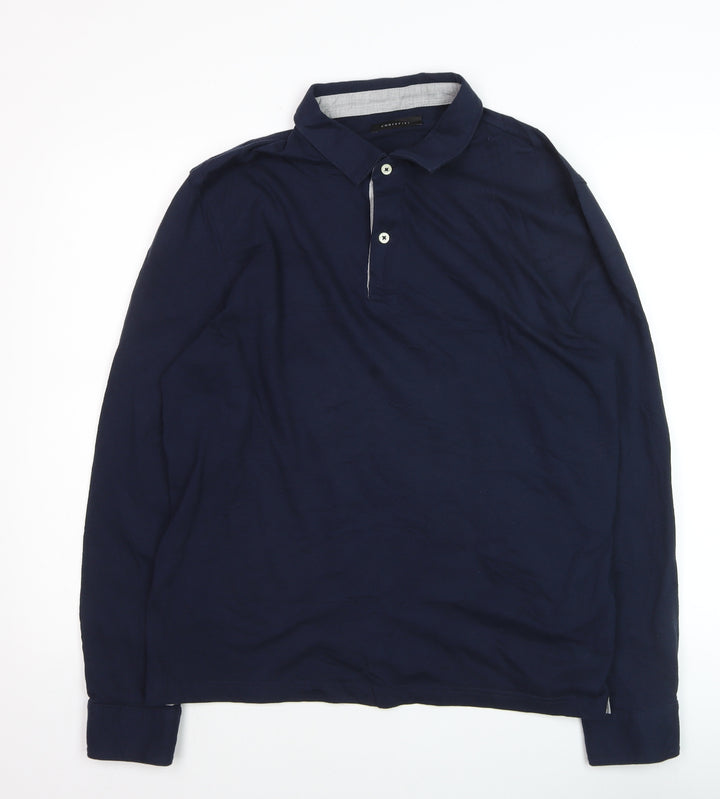 Cortefiel Men's Blue Long Sleeve Cotton Polo Shirt Size L