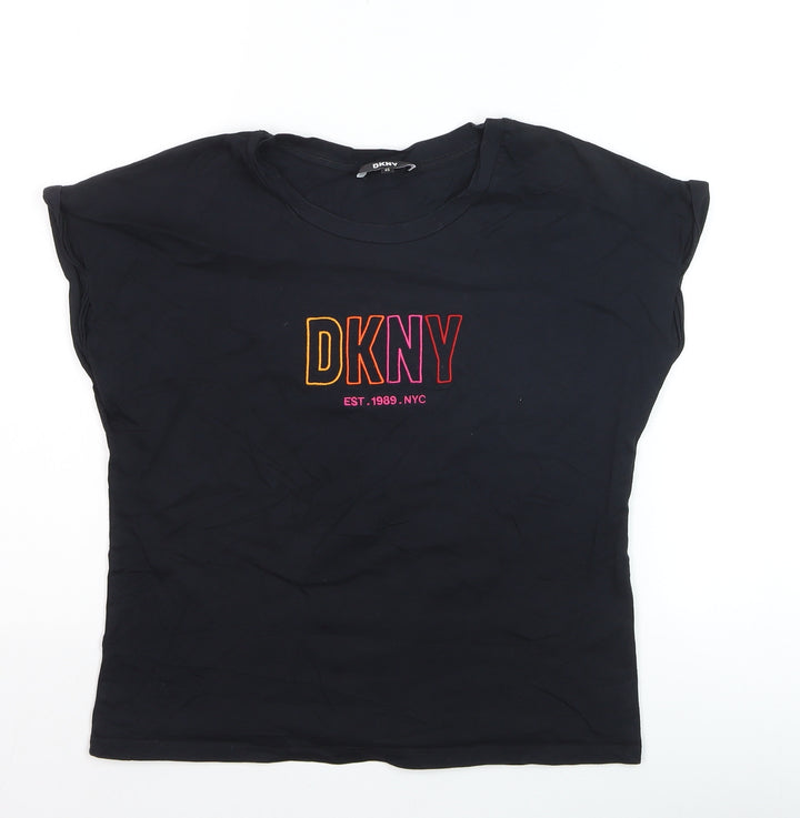 DKNY Women's Black XS Basic Cotton Blend Embroidered T-Shirt