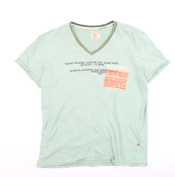 Replay Men's Green XL V-Neck Graphic Pocket T-Shirt