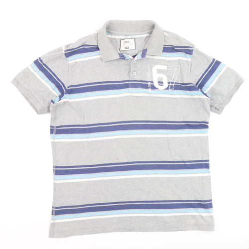 Dig Star Men's Grey Striped Cotton Polo Shirt Size M
