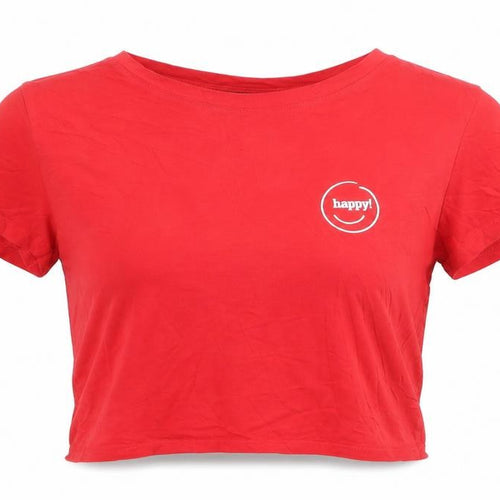 Monki Womens Red Cropped T-Shirt Medium Cotton Crew Neck Casual