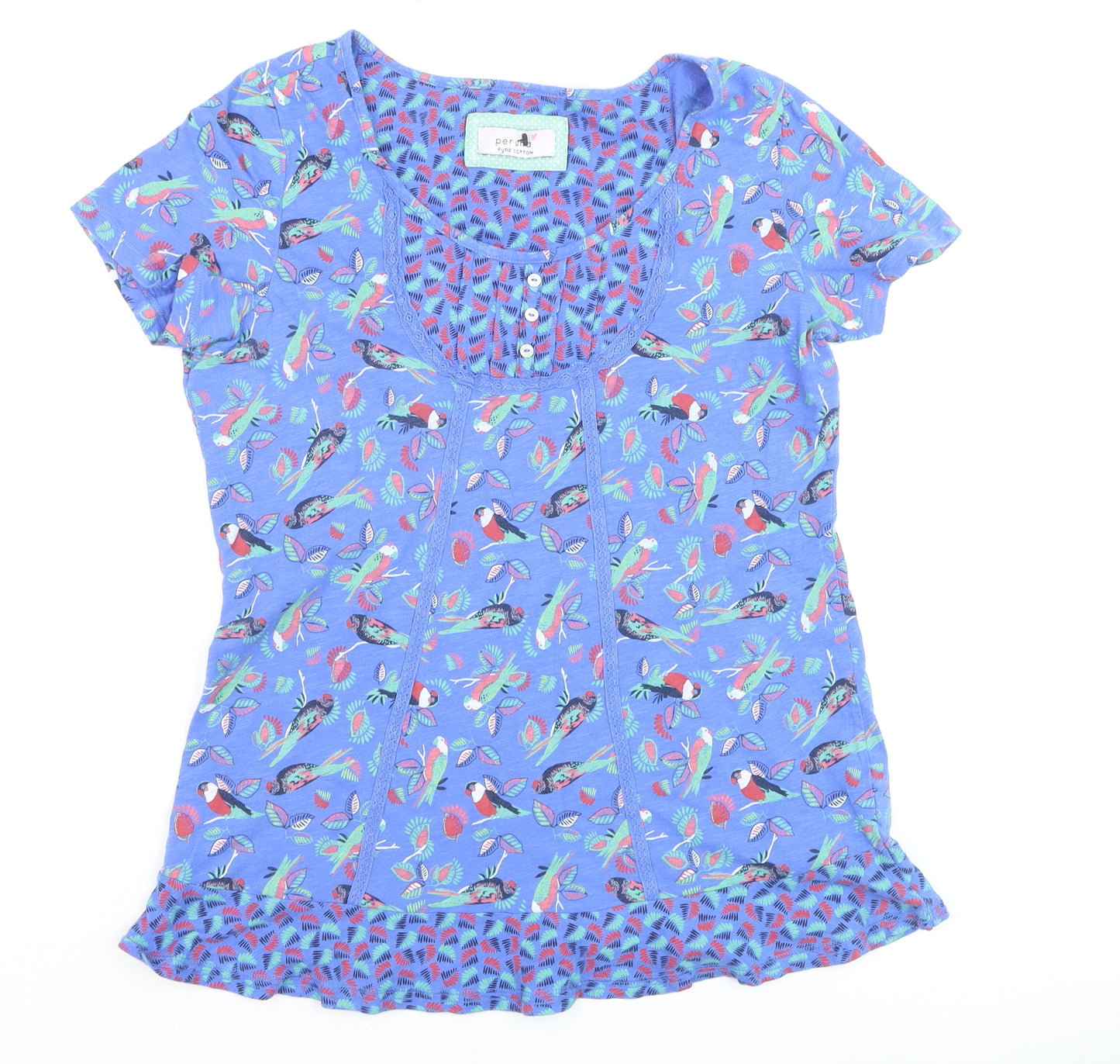 Marks and Spencer Per Una Women's Blue Bird Print Cotton T-Shirt Size 12