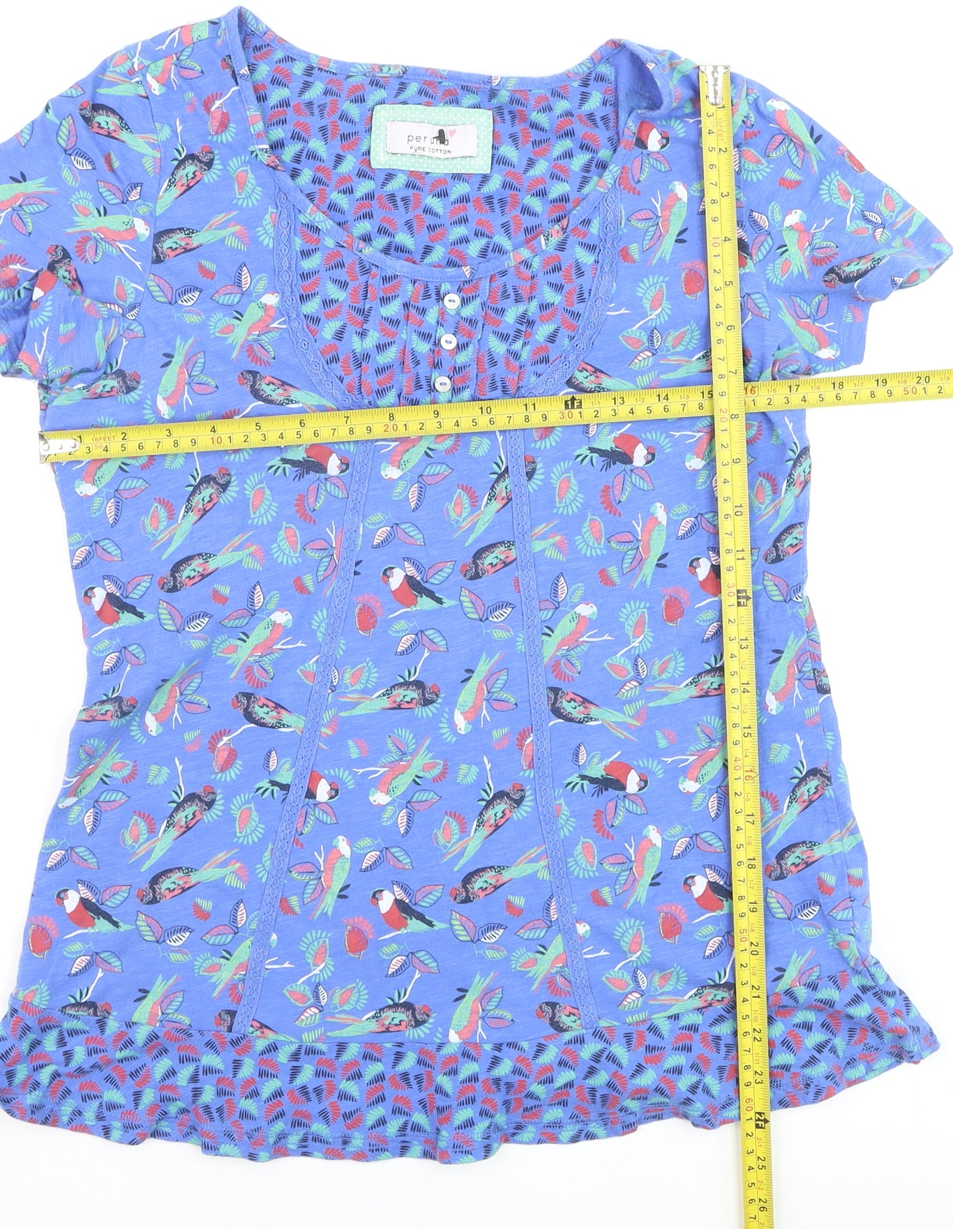Marks and Spencer Per Una Women's Blue Bird Print Cotton T-Shirt Size 12