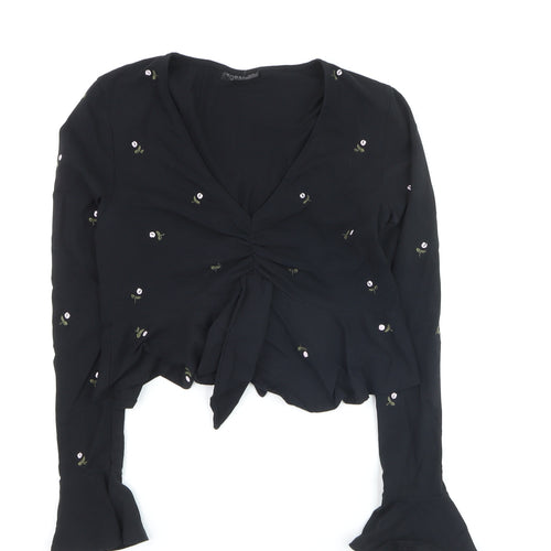 Topshop Women’s Black Floral Embroidered Cropped Long Sleeve Blouse Size 10