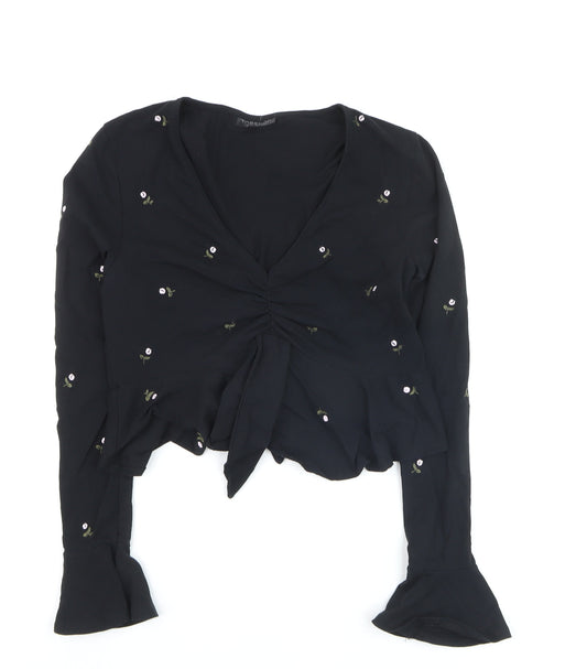 Topshop Women’s Black Floral Embroidered Cropped Long Sleeve Blouse Size 10