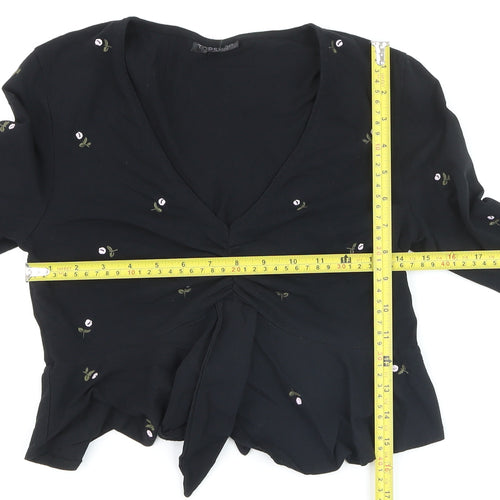 Topshop Women’s Black Floral Embroidered Cropped Long Sleeve Blouse Size 10