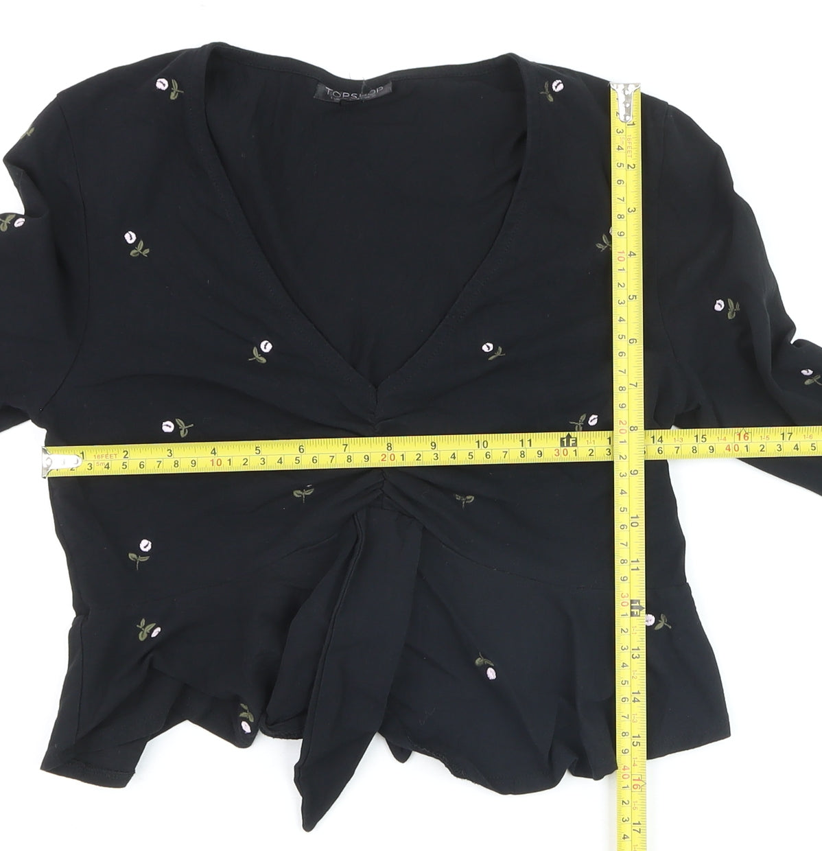 Topshop Women’s Black Floral Embroidered Cropped Long Sleeve Blouse Size 10