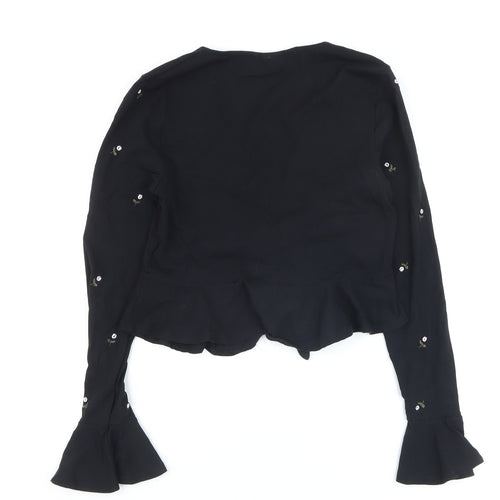 Topshop Women’s Black Floral Embroidered Cropped Long Sleeve Blouse Size 10