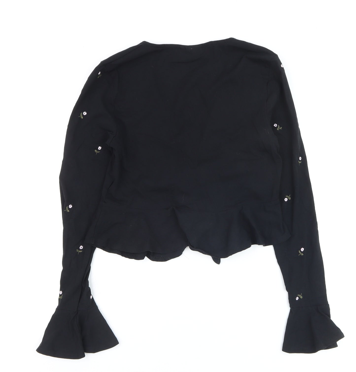 Topshop Women’s Black Floral Embroidered Cropped Long Sleeve Blouse Size 10