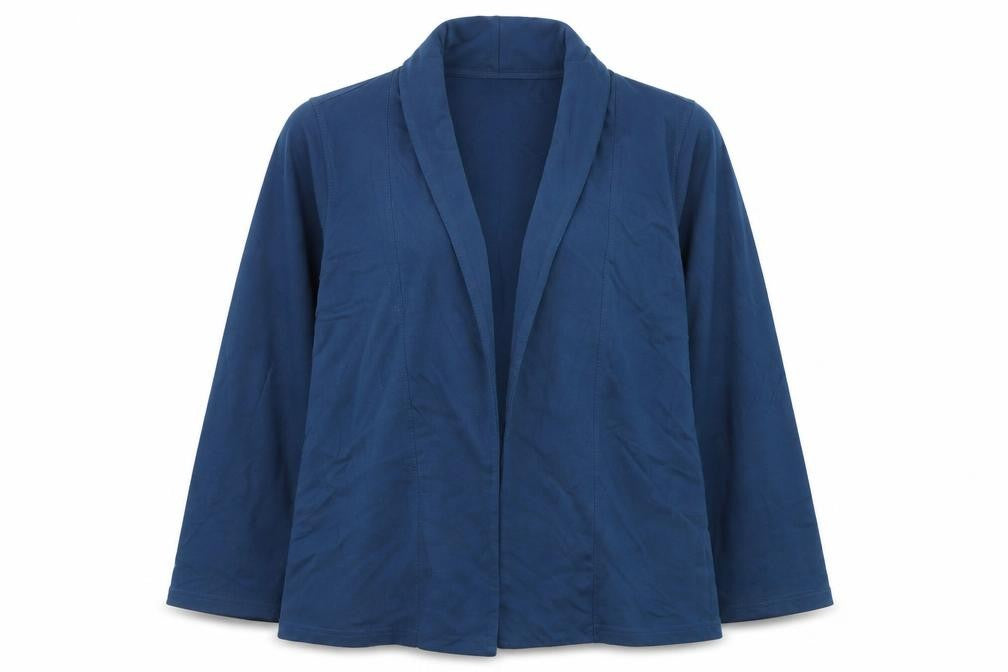 Front view of Mountain Warehouse women’s blue shawl collar blazer uk 12 stretch jersey