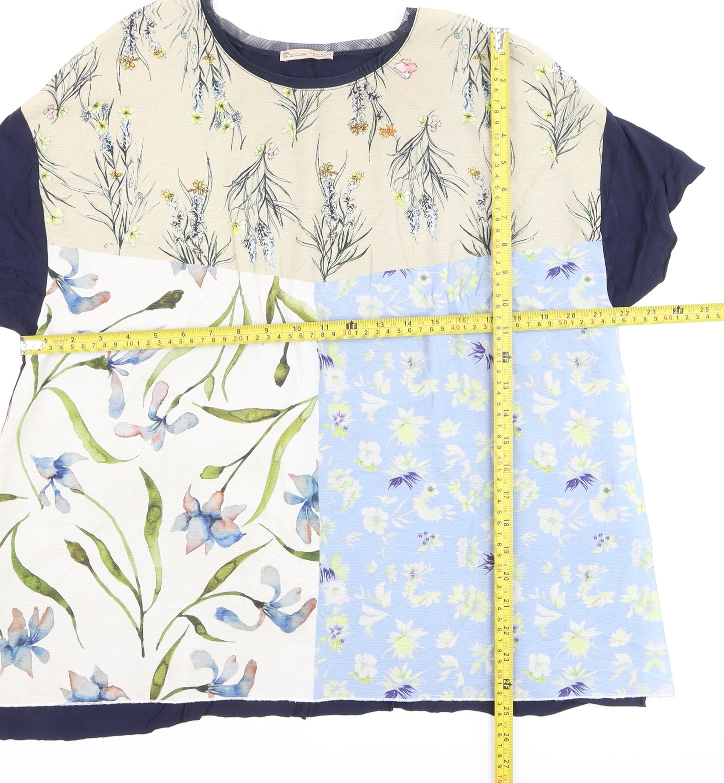 Zara Women Multicoloured Floral Patchwork Basic T-Shirt XL