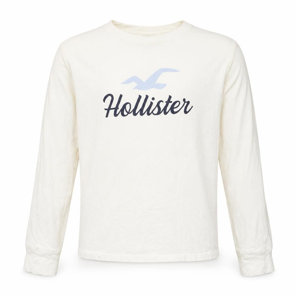 Front view of Hollister boys’ white cotton long sleeve pyjama top m