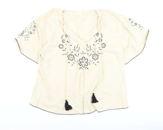 Marks and Spencer Per Una Women's Beige Embroidered Cotton Peasant Blouse Size 12