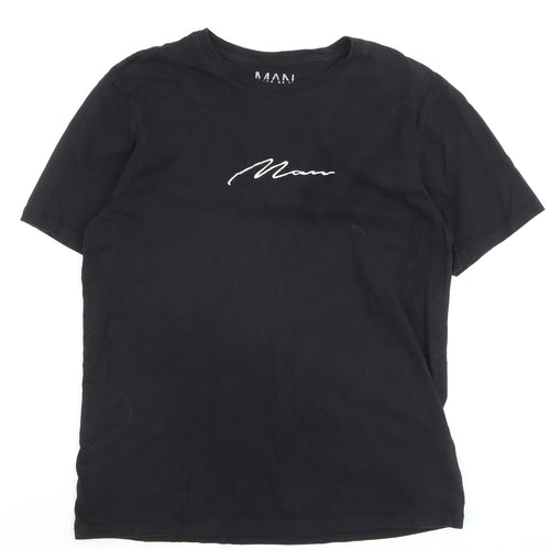 BoohooMAN Men's Black Crew Neck Embroidered Script T-Shirt Size M