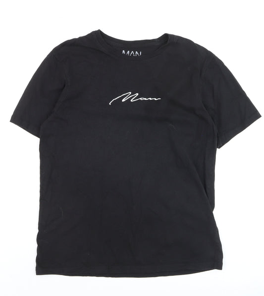 BoohooMAN Men's Black Crew Neck Embroidered Script T-Shirt Size M