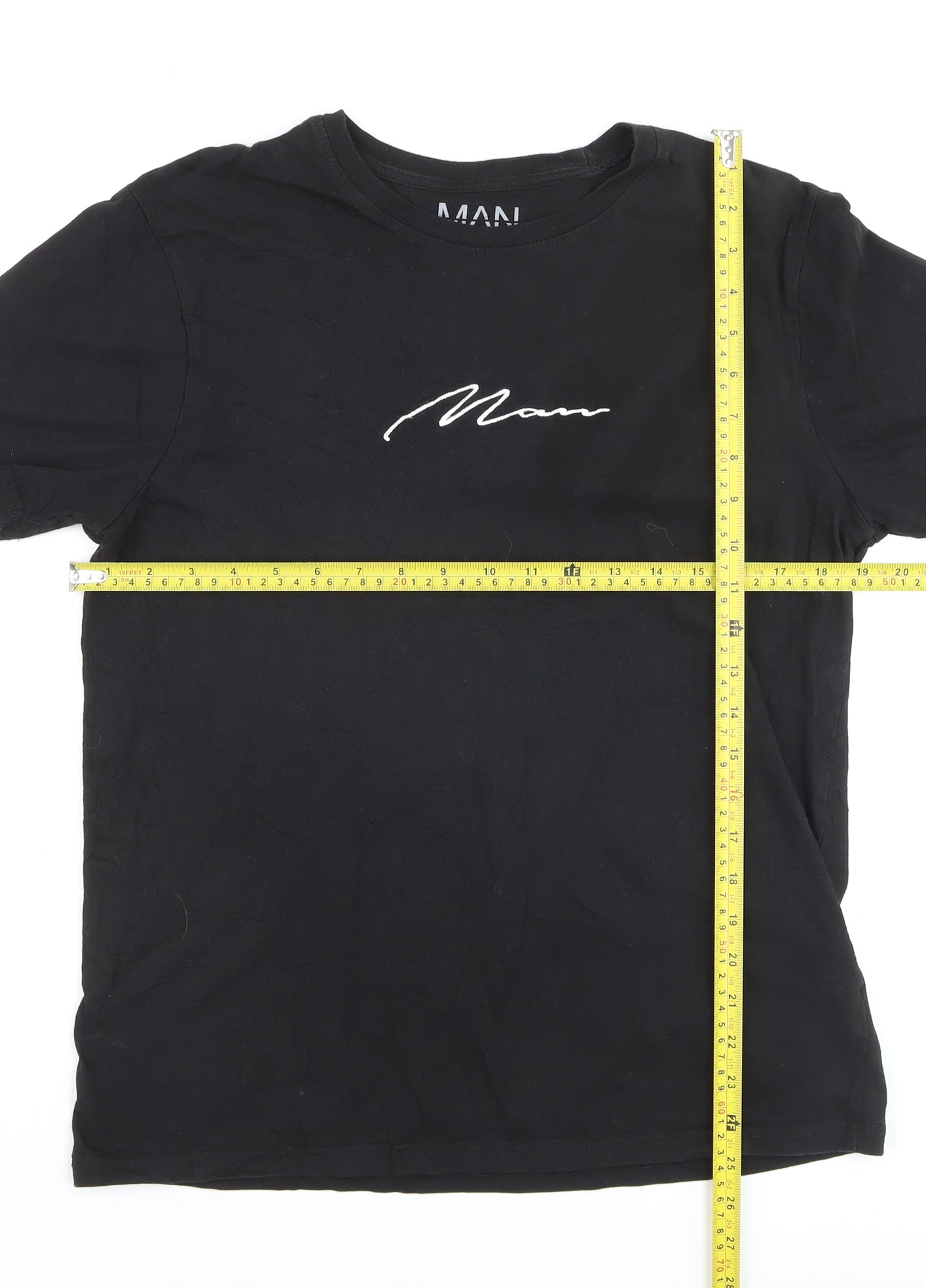 BoohooMAN Men's Black Crew Neck Embroidered Script T-Shirt Size M