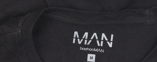 BoohooMAN Men's Black Crew Neck Embroidered Script T-Shirt Size M