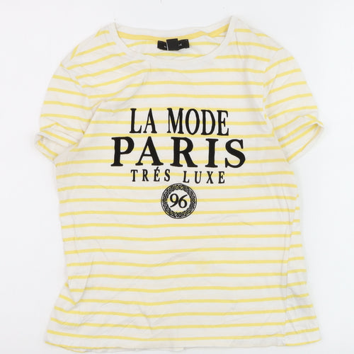 New Look Women's Yellow Striped Paris Print Cotton T-Shirt Size 8
