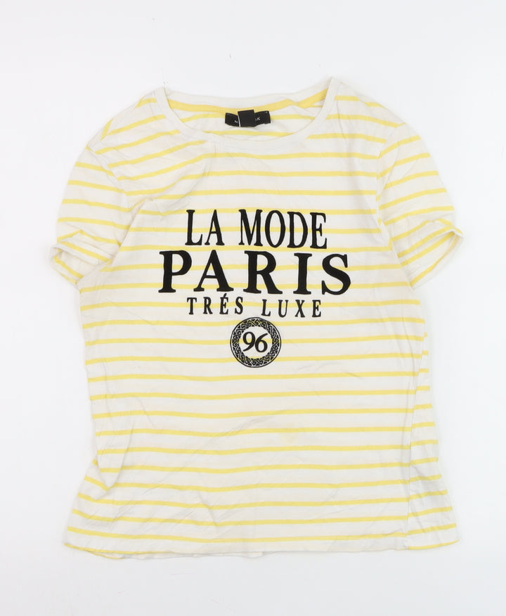 New Look Women's Yellow Striped Paris Print Cotton T-Shirt Size 8