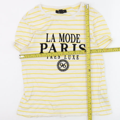 New Look Women's Yellow Striped Paris Print Cotton T-Shirt Size 8