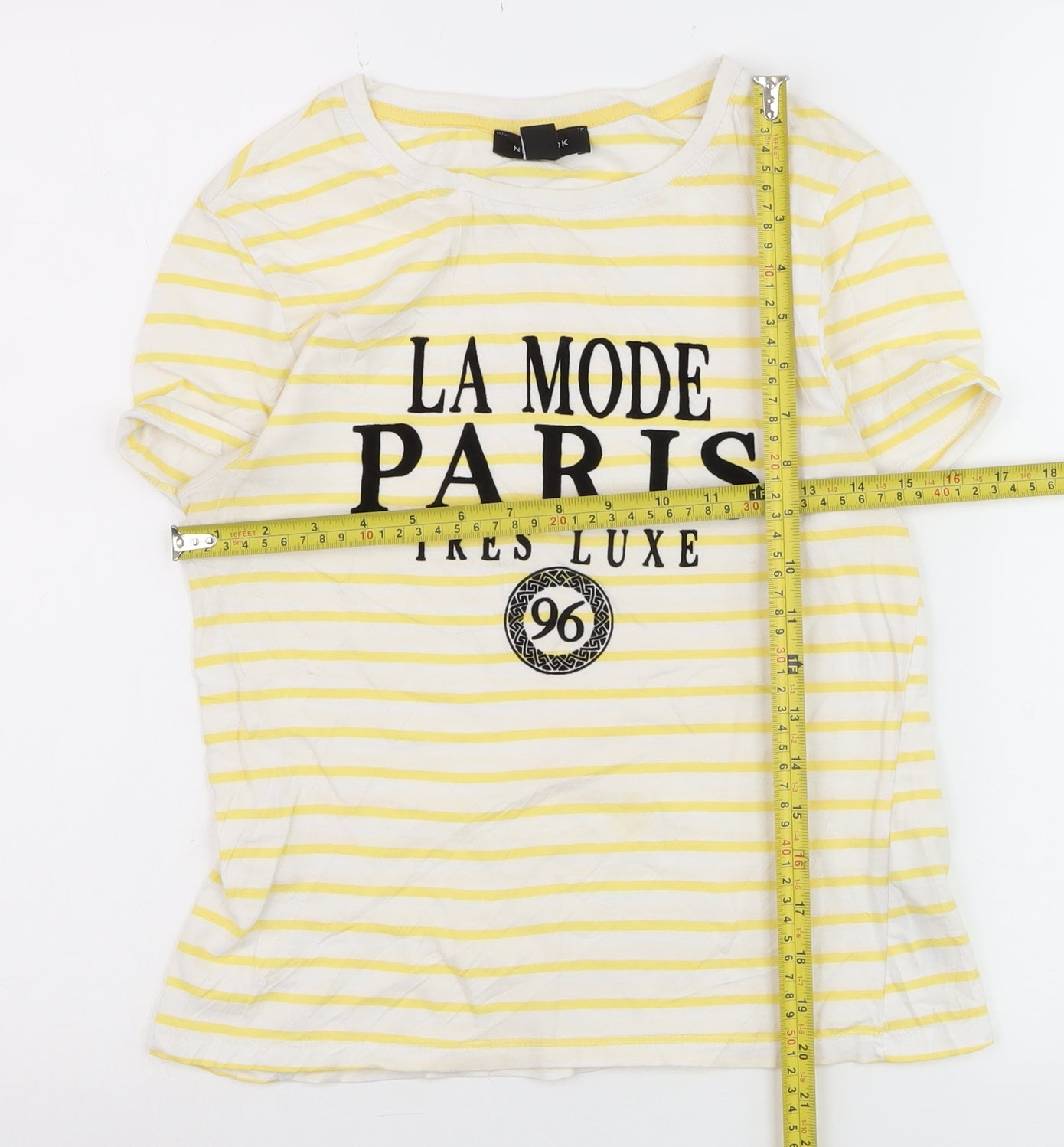 New Look Women's Yellow Striped Paris Print Cotton T-Shirt Size 8
