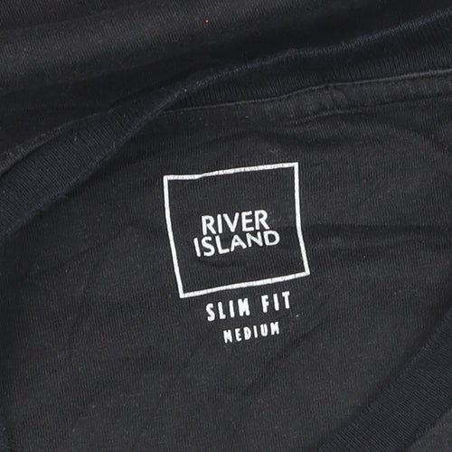 River Island Men's Black Slim Fit Crew Neck Bee Embroidered T-Shirt Size M