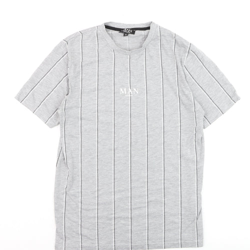 boohooMAN Unisex Grey Striped Basic T-Shirt Size M Crew Neck