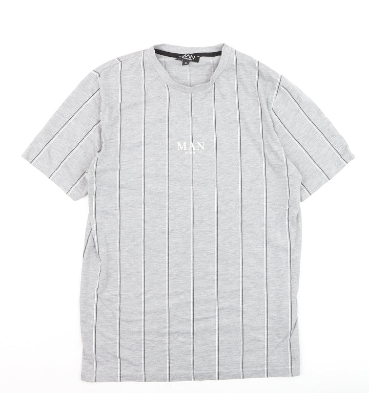 boohooMAN Unisex Grey Striped Basic T-Shirt Size M Crew Neck
