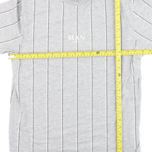 boohooMAN Unisex Grey Striped Basic T-Shirt Size M Crew Neck