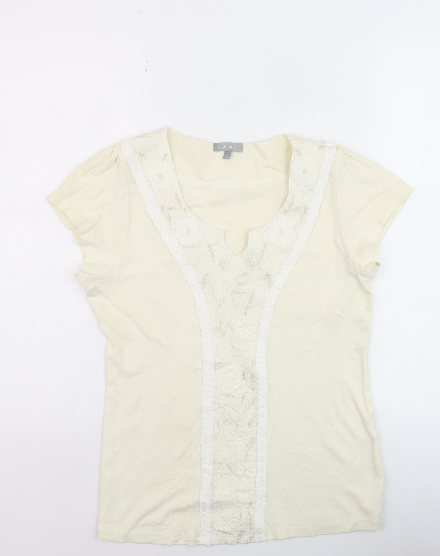 Marks and Spencer Per Una Women’s Ivory Embroidered V-Neck T-Shirt Size 12