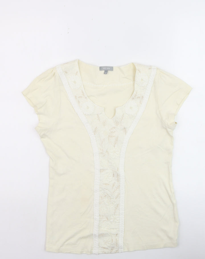 Marks and Spencer Per Una Women’s Ivory Embroidered V-Neck T-Shirt Size 12
